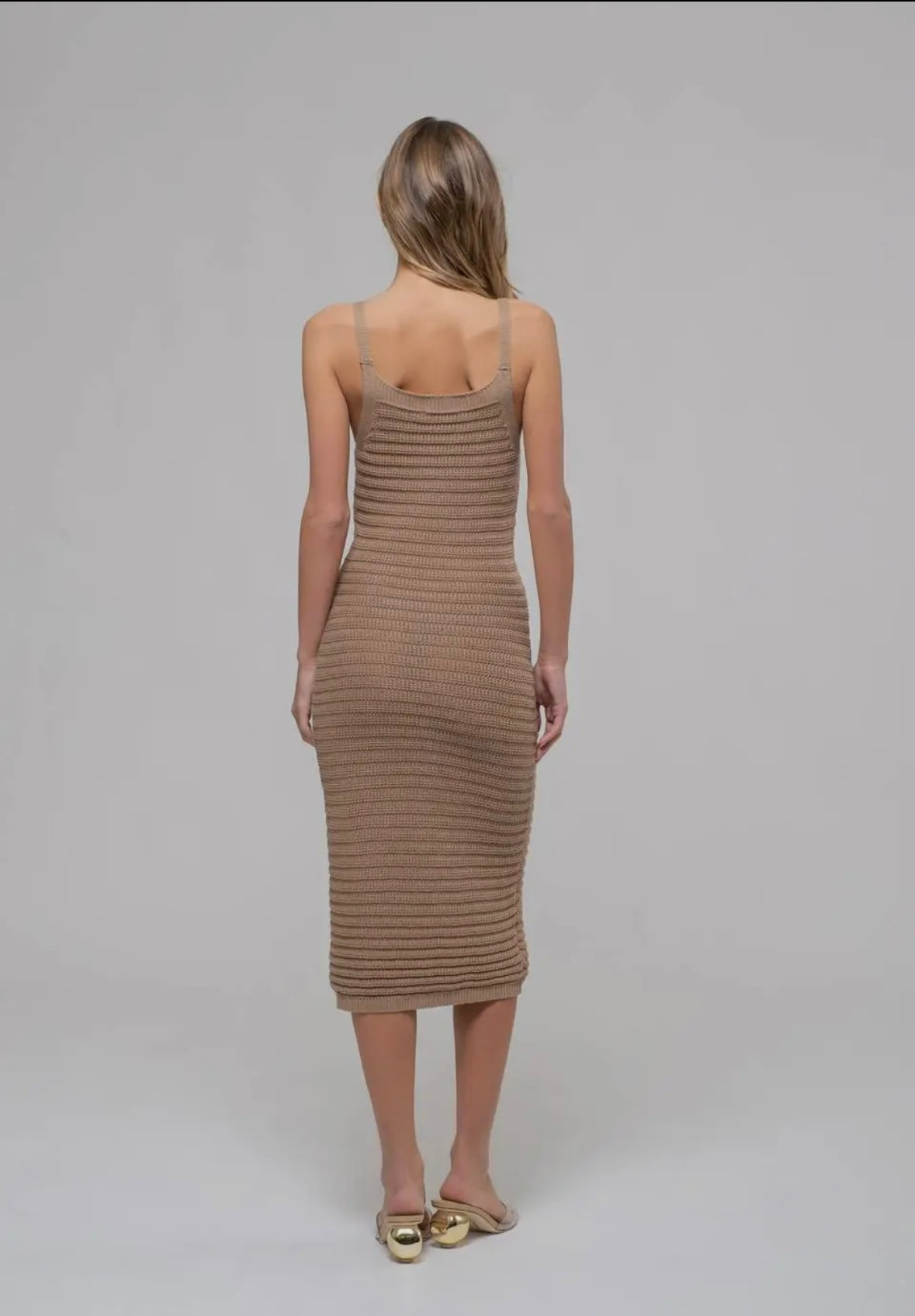 The Workshop crochet knit tan midi length dress.