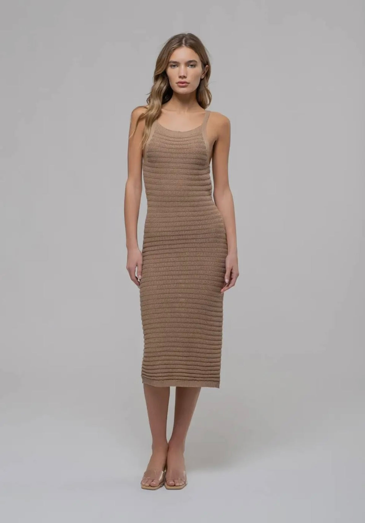 The Workshop crochet knit tan midi length dress.