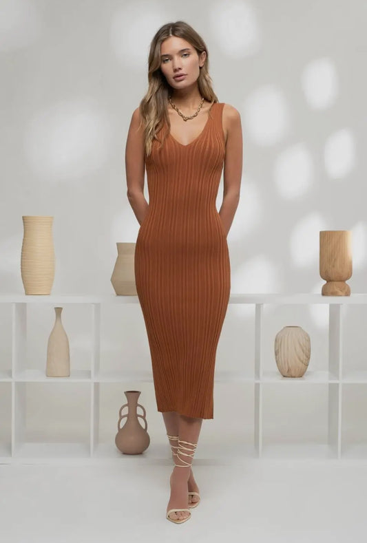 Copper orange mid length bodycon dress