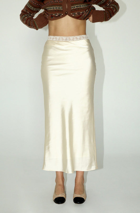 Soft Satin Midi Skirt With Lace