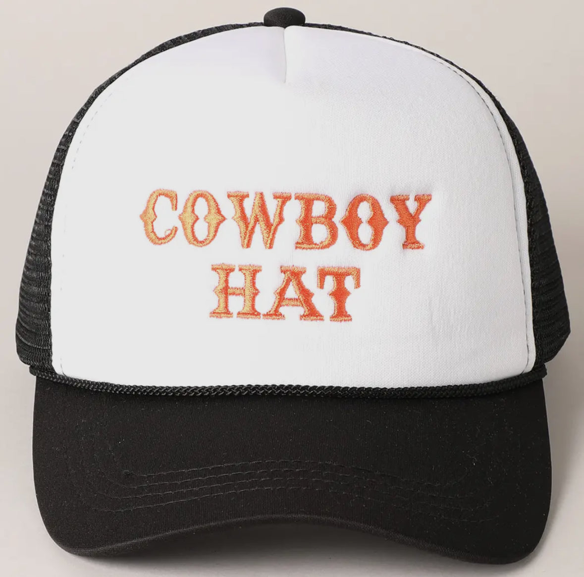 Black and white hat that says " Cowboy Hat"