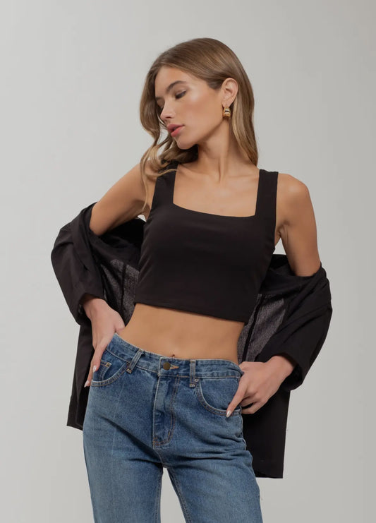 Square Neck Cropped Knit Tank Black